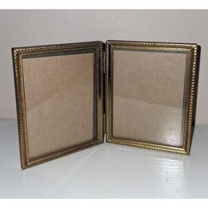Vintage Hinged Double Brass Tone Picture Frame Folding Mini Desktop Frame 2.75x3